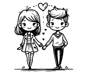 charming couple illustration with love heart in hand-drawn black vector