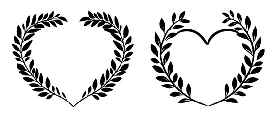 elegant laurel heart designs in hand-drawn black vector illustration