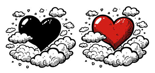 stylized heart designs with clouds in monochrome and color black vector art