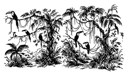 tropical rainforest scene with toucans and palm trees in hand-drawn black vector © Luka