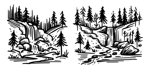 forest stream surrounded by trees and ferns in hand-drawn black vector art