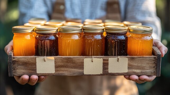 Shopkeeper holding crate with jars of organic honey and jam