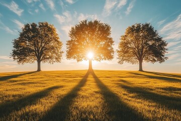 Obraz premium Bright sun shining through majestic trees on a golden hill at sunset