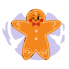 Cute vector illustration of a funny Christmas gingerbread making snow angel Groovy style. Flat vector illustration isolated on white background. Holly jolly vibes in trendy  cartoon style. Hand drawn