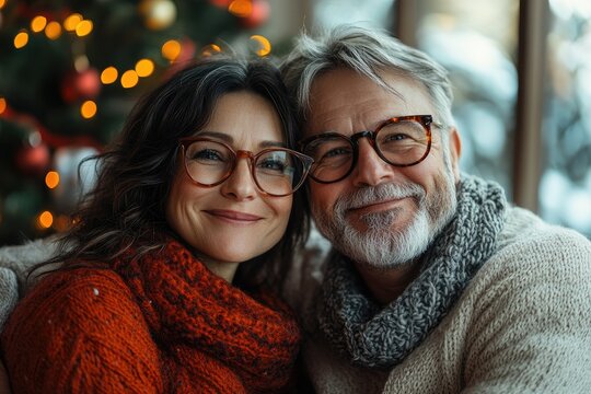 Senior couple smiling together by christmas tree wearing warm clothes
