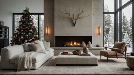 A Christmas tale by the fireplace: coziness, the warmth of the fire, a decorated tree, gifts, and festive decor fill the home with joy and holiday spirit.