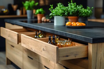  Modern kitchen island with open drawers revealing organized oils and herbs.