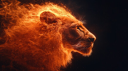 Naklejka premium fire, lion, fierce, majestic, wild, powerful, predator, king, jungle, mane, roar, strength, courage, pride, hunter, beast, savannah, claws, fangs, golden, regal, alpha, dominant, fearless, protector, 