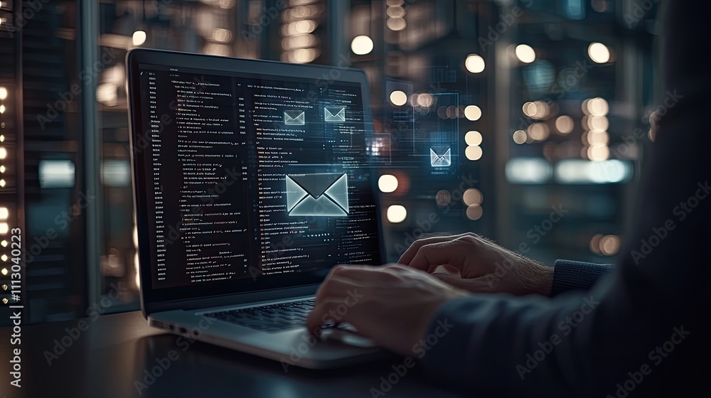 Poster hands are typing rapidly on a laptop while email icons and flying envelopes illustrate fast online c