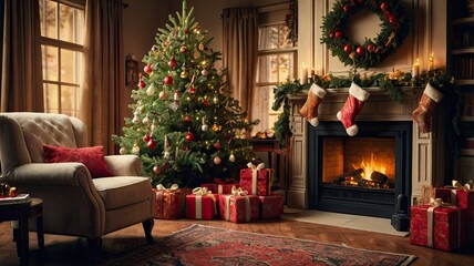 A Christmas tale by the fireplace: coziness, the warmth of the fire, a decorated tree, gifts, and festive decor fill the home with joy and holiday spirit.