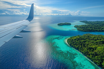 Fototapeta premium The wing of an airplane glides smoothly over crystal-clear blue waters, with sunlight reflecting off the ocean's surface