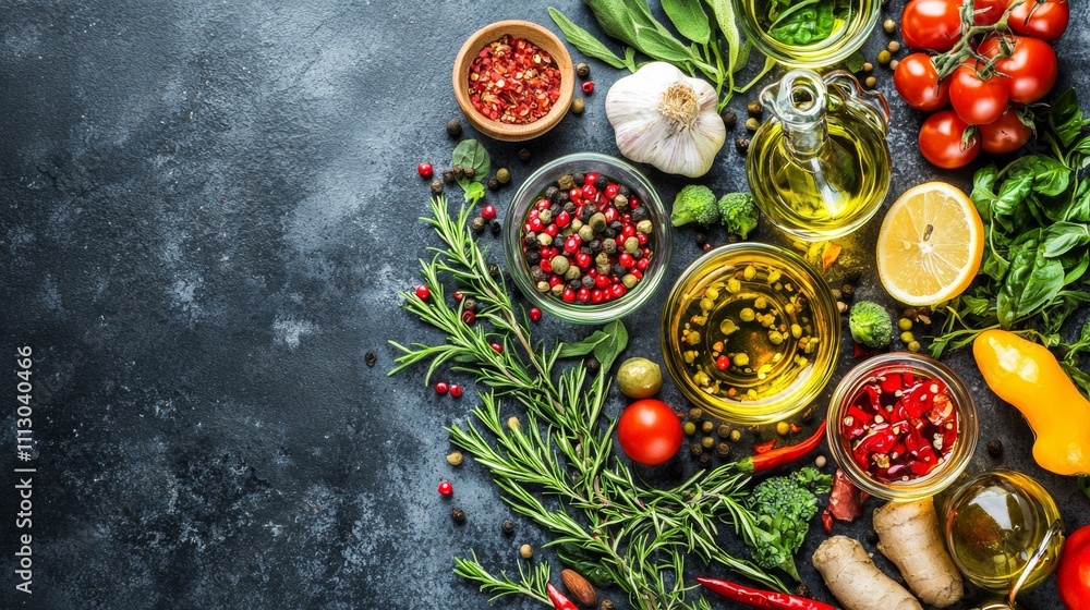 Poster assorted spices and oils with herbs on textured background