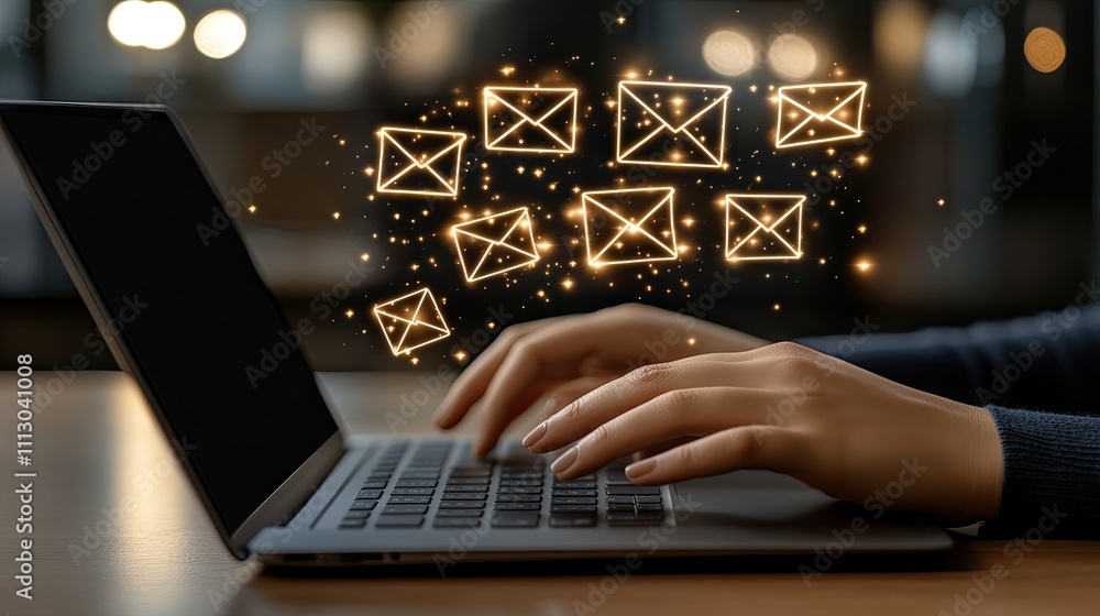Poster hands are typing rapidly on a laptop while email icons and flying envelopes illustrate fast online c