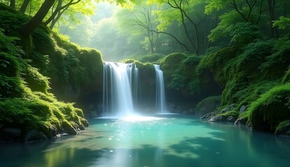 A serene waterfall cascading down moss-covered rocks into a crystal-clear pool