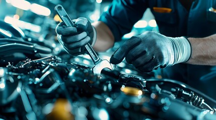 Skilled mechanic in action, tightening a car engine nut in a garage, hands with gloves gripping a wrench, focused expression, detailed engine parts--style raw