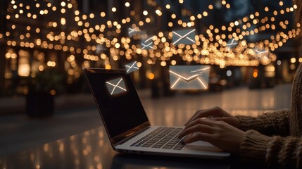 Hands are typing rapidly on a laptop while email icons and flying envelopes illustrate fast online communication in a digital workspace