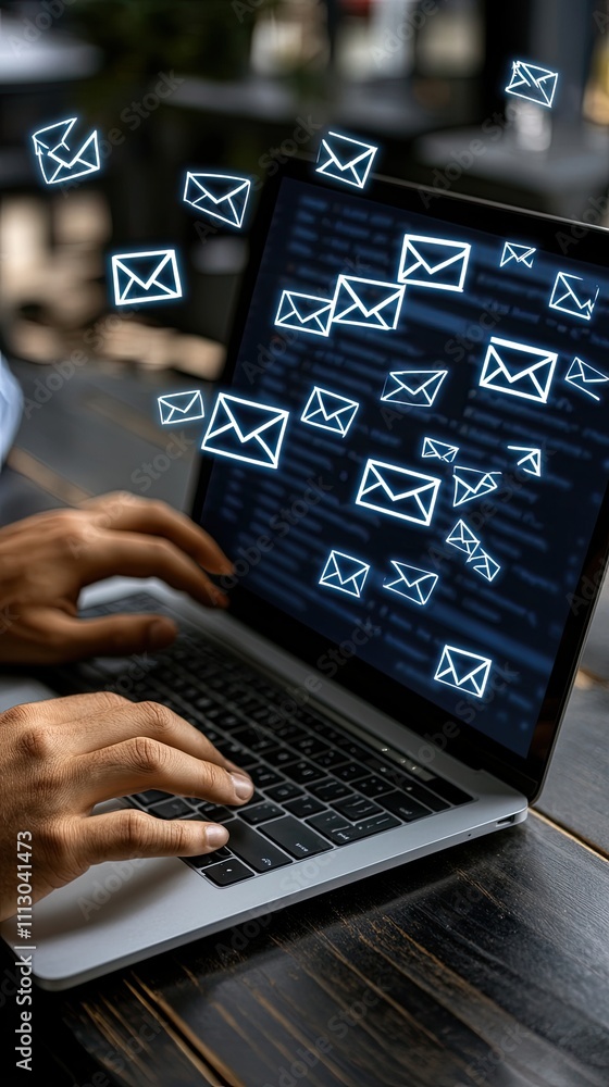 Poster hands are typing rapidly on a laptop while email icons and flying envelopes illustrate fast online c