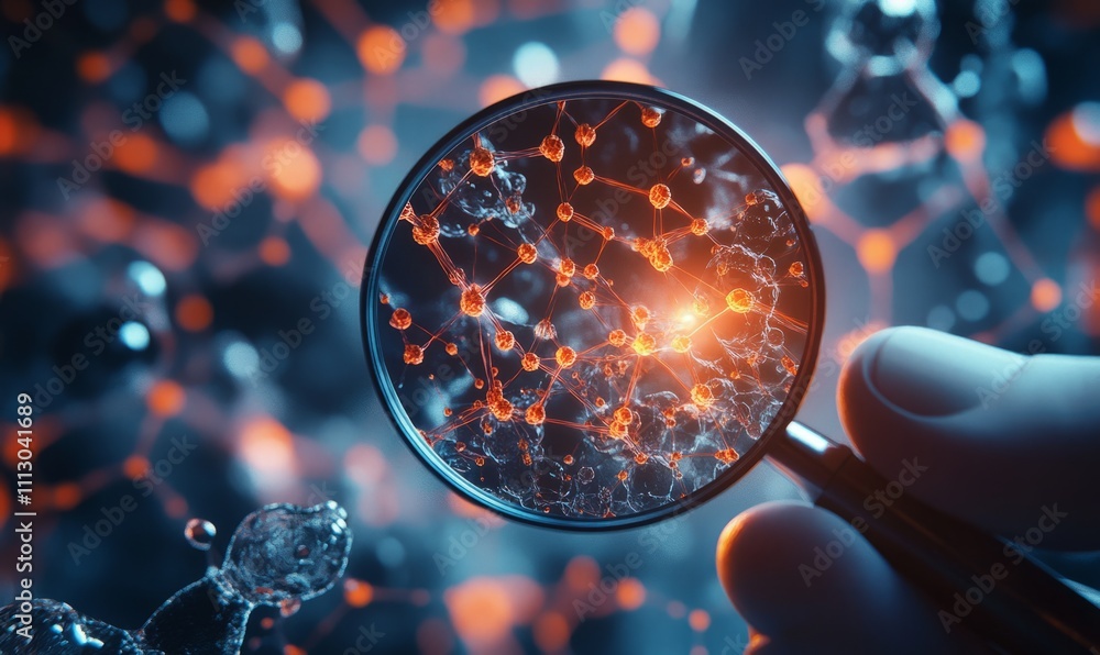 Poster a hand holds a magnifying glass over a diagram of an enzyme catalyzing a chemical reaction highlight