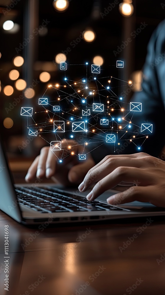 Poster hands are typing rapidly on a laptop while email icons and flying envelopes illustrate fast online c