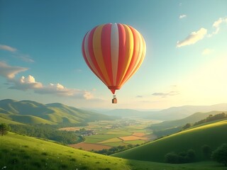 Naklejka premium Colorful hot air balloon floating over rolling green hills and a patchwork of farmland