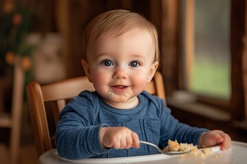 Bright-eyed baby sitting in a highchair, happily reaching for food, showcasing joy and curiosity in a cozy, natural setting.