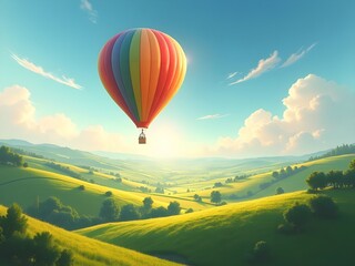Fototapeta premium Colorful hot air balloon floating over rolling green hills and a patchwork of farmland