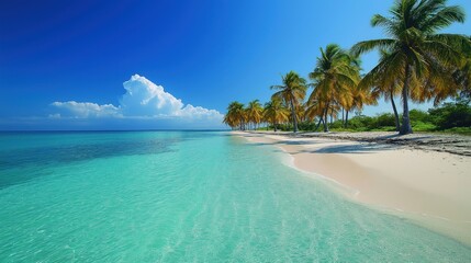 Naklejka premium Serene tropical beach scene with clear turquoise water, bright blue sky. Palm trees line shore. Peaceful tranquil scene ideal for vacation ads travel brochures. Soft waves gently lap white sand.