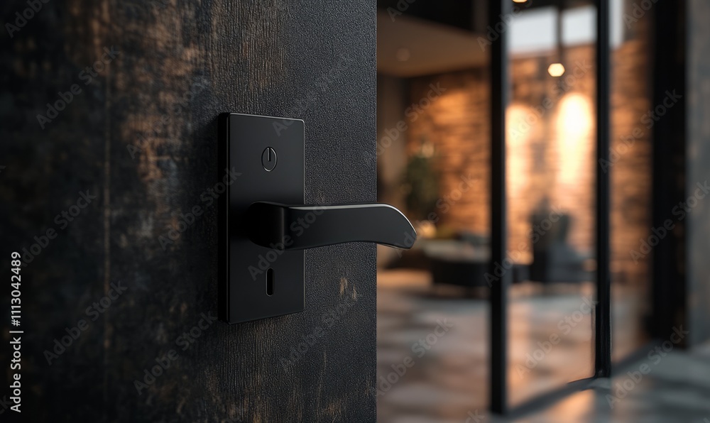 Poster a modern black door handle with a square backplate and a curved lever for easy opening.
