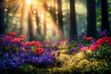 A Hidden Clearing in a Lush Forest Bathed in Golden Light with Vibrant Red Flowers and a Dreamy Atmosphere, Inviting the Viewer to Discover Nature's Beauty