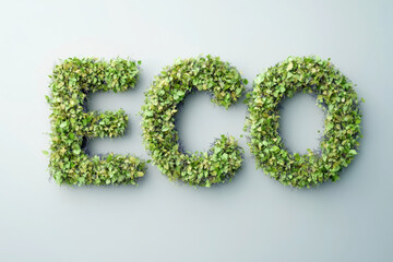 Fluffy green leaves form the word ECO in an artistic display against a minimalist white backdrop, showcasing nature's beauty and environmental awareness in a modern perspective