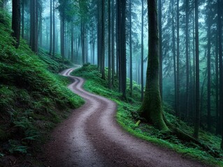 Fototapeta premium Serene Misty Forest Trail Surrounded by Tall Dense Trees, Capturing the Tranquility and Beauty of Nature in the Heart of a Lush Green Landscape