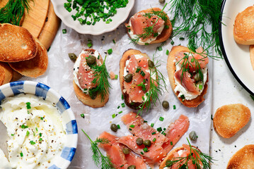 Baguette Crostini with Cream Cheese and Pink Pacific Salmon..style hugge