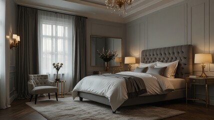 Luxurious bedroom interior, featuring a large bed with tufted headboard, bedside tables, and a window with drapes.