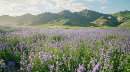 A serene landscape featuring a vibrant field of purple flowers against majestic mountains.