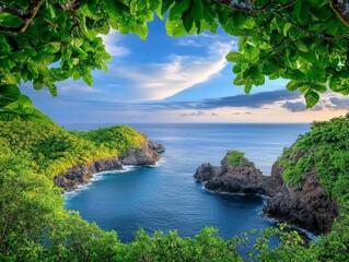 Scenic View of a Remote Tropical Island Framed by Lush Greenery and Volcanic Rocks Overlooking a Serene Ocean at Sunset