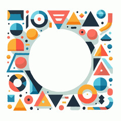 Colorful abstract geometric frame composed of various shapes and lines, creating a visually striking and dynamic composition.