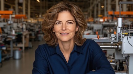 In a tailoring studio, a cheerful woman in her thirties skillfully sews fabric on an industrial embroidery machine, bringing her design ideas to life