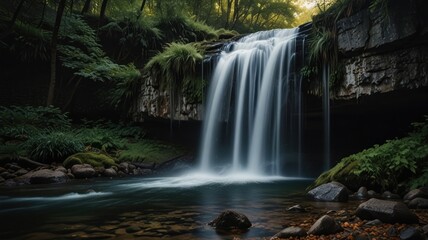 Obraz premium Serene waterfall cascading into a tranquil pool amidst lush forest.