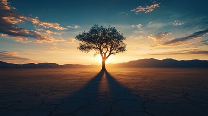 Majestic Silhouette of a Lone Tree Standing in a Vast Desert Landscape at Sunset with Dramatic Skies and Gentle Mountain Range in the Background