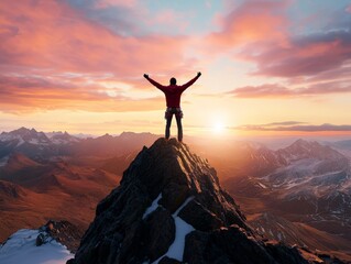 Stunning Silhouette of a Mountain Climber Reaching the Summit at Sunset with Colorful Sky and Majestic Landscape in the Background