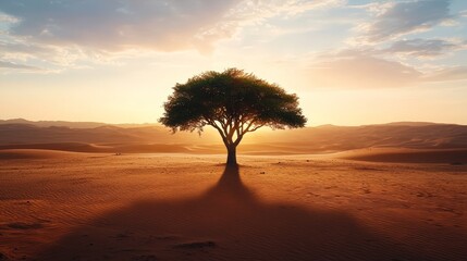 Fototapeta premium Majestic Silhouette of a Lone Tree Standing Proudly in a Vast Desert Landscape Under a Beautiful Golden Sunset Sky