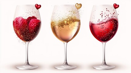 Romantic wine glasses with vector hearts and sparkles, festive and clean, white background