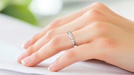 Naklejka premium A delicate woman's hand with a silver ring featuring sparkling gemstones resting on a soft surface.