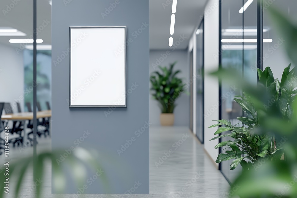 Poster modern office corridor featuring empty frame with greenery and meeting rooms in view