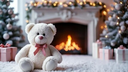 teddy bear with Christmas present in front of fireplace - Powered by Adobe