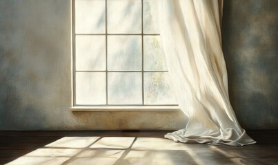 A minimalistic background featuring a large window with curtains gently billowing in the breeze. The light pouring through creates a play of shadows on a textured, linencovered