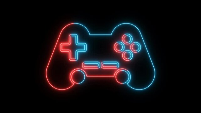 Neon game pad sign. Glowing colorful Game handle icon against a dark background. Digital Game play 4k animation.
