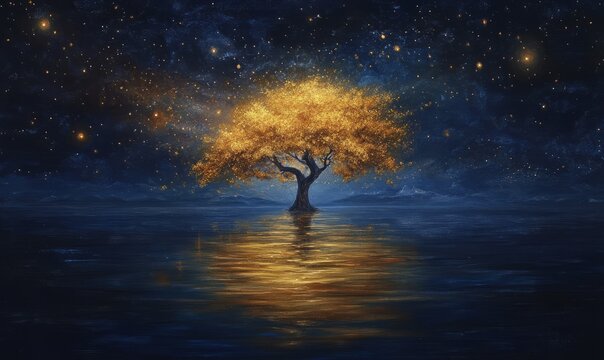 A solitary tree radiates golden light, reflecting in the calm waters beneath a starry night sky.