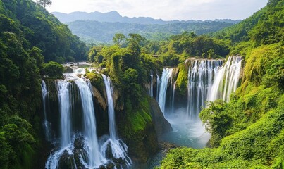 Fototapeta premium A stunning aerial view captures the grandeur of multiple cascading waterfalls surrounded by lush greenery and mountainous terrain.