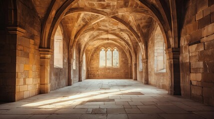 Fototapeta premium Medieval chapel interior with sunlight streaming through arched windows, symbolizing spirituality, history, and architectural beauty, Generative AI